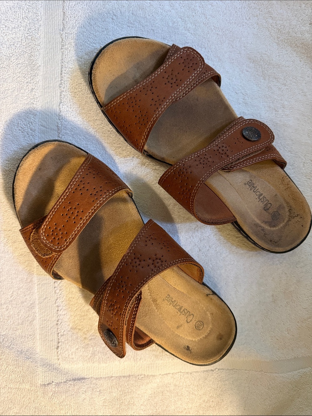 Brown Leather Slide Sandals - Double Strap - 7-1/2